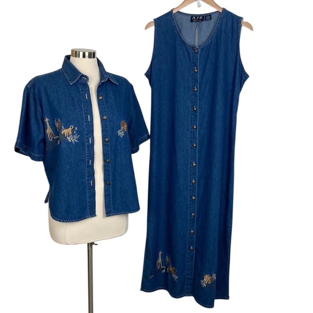 Denim Embroidered Two Piece Maxi Dress & Shirt
